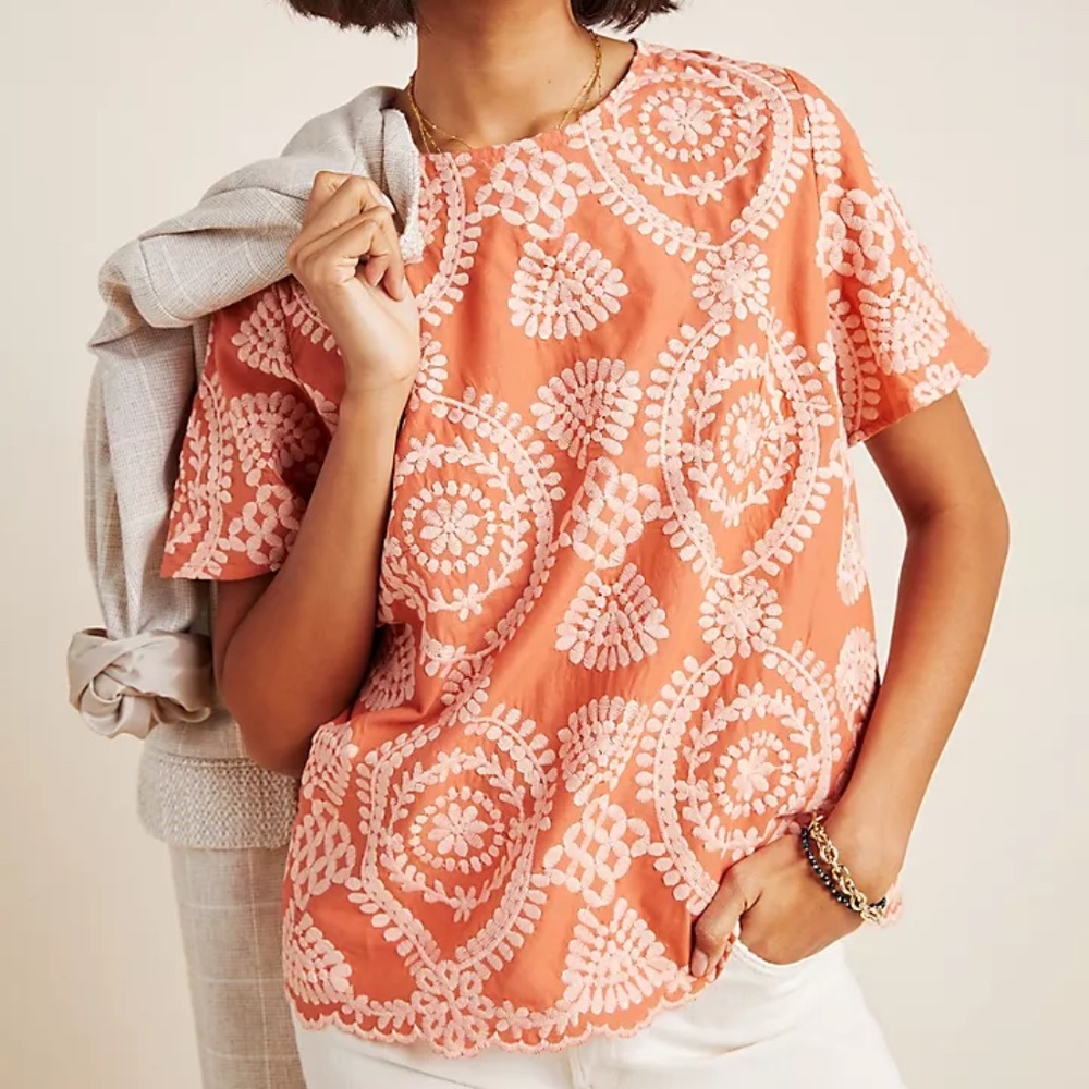 Anthropologie Eri + Ali Coralie Embroidered Blouse Coral Light Pink Scallop